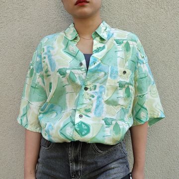 Hawaiian shirt mens, womens silk / vintage summer short sleeve shirt - Button down shirts (Blue, Green, Turquiose)