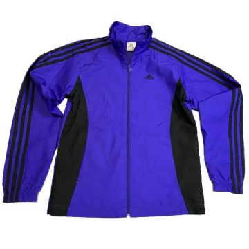 black adidas jacket with purple stripes