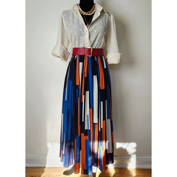 Vintage retro flowy long skirt, pleated maxi skirt, 80s, 90s outfit, colorful skirt - Maxi-skirts (White, Blue, Red)