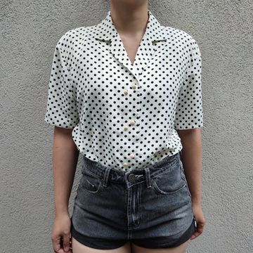 90s Vintage polka dot blouse womens short sleeve button up shirt 80s retro - Chemisiers (Blanc, Noir, Beige)