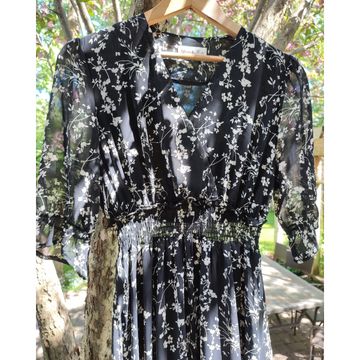 Vintage black floral chiffon long dress summer dress women - Maxi (Blanc, Noir, Beige)